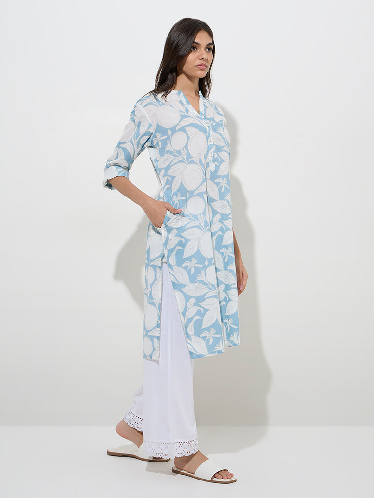 Utsa Blue Anar Printed Cotton Straight Kurta