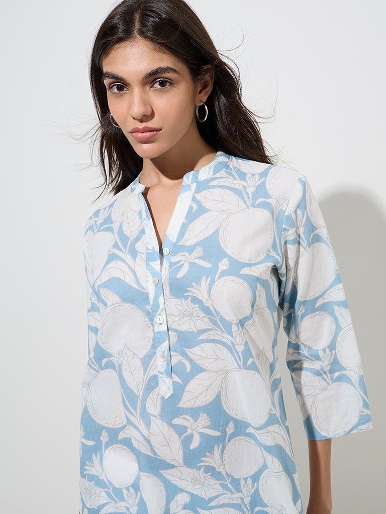 Utsa Blue Anar Printed Cotton Straight Kurta - Image 2