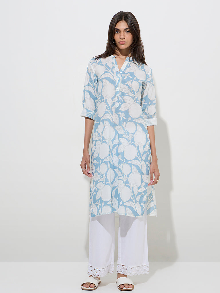 Utsa Blue Anar Printed Cotton Straight Kurta - Image 3