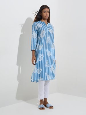Utsa Blue Fruit Patterned Straight Cotton Kurta