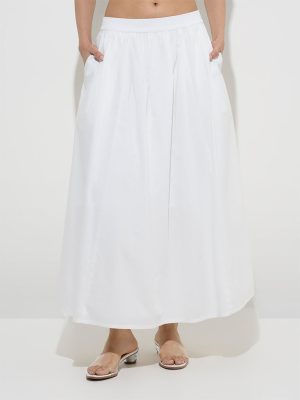 Utsa White Solid Cotton A-Line Skirt