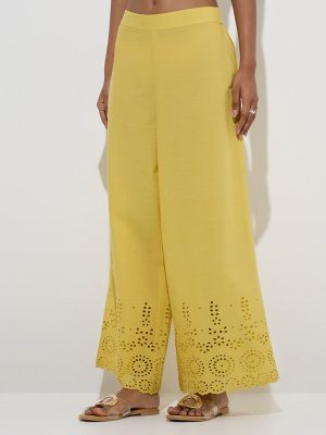 Utsa Yellow Schiffli Detailed Cotton Palazzos