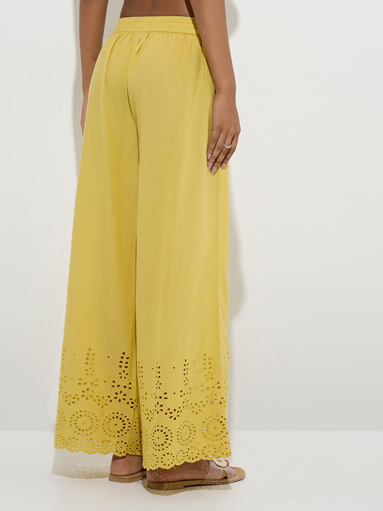 Utsa Yellow Schiffli Detailed Cotton Palazzos - Image 2