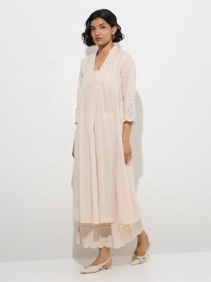 Zuba Beige Schiffli Detailed Cotton Palazzos