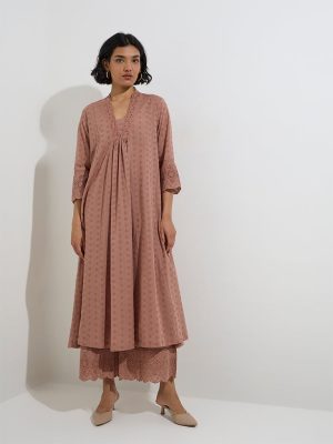 Zuba Dusty Pink Schiffli Detailed Cotton Palazzos