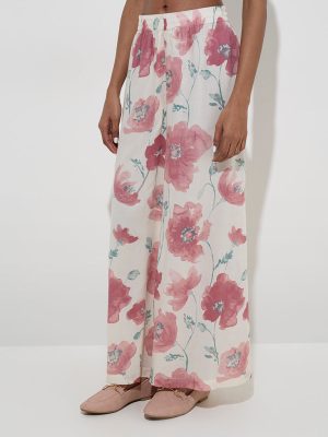 Zuba Dusty Pink Floral Design Cotton-Blend Palazzos