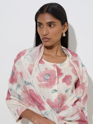 Zuba Dusty Pink Floral Patterned Cotton-Blend Dupatta