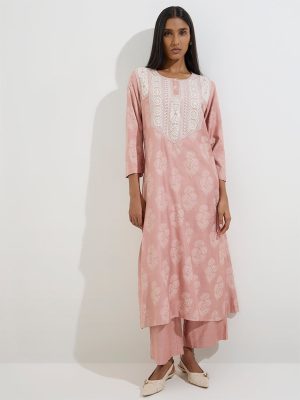 Zuba Dusty Pink Floral Printed Straight Kurta