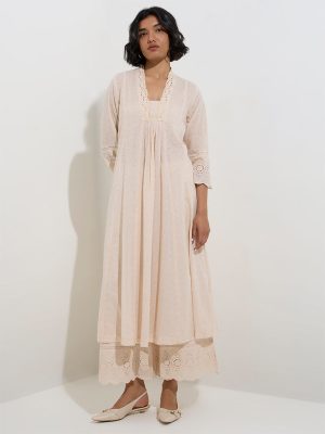 Zuba Beige Schiffli Design Cotton A-Line Kurta