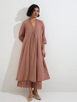 Zuba Dusty Pink Schiffli Design Cotton A-Line Kurta