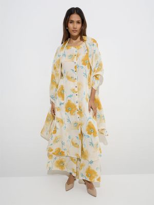 Zuba Yellow Floral Patterned A-Line Kurta