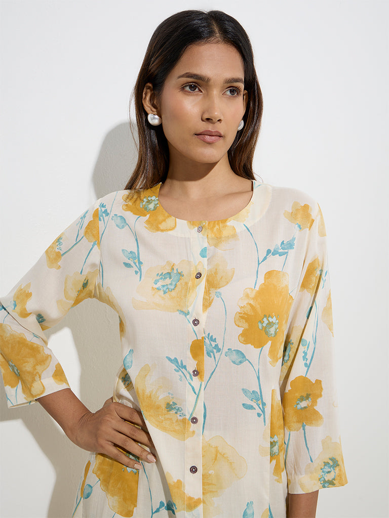 Zuba Yellow Floral Patterned A-Line Kurta - Image 2
