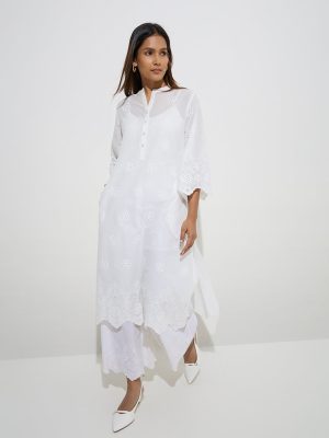 Zuba White Cut Work-Detailed Linen-Blend A-Line Kurta