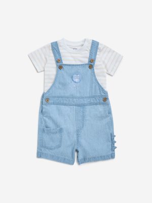 HOP Baby Blue Denim Dungaree with T-Shirt Set