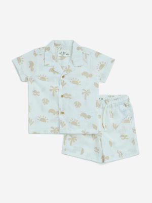 HOP Baby White Printed Cotton Shirt with Shorts Set