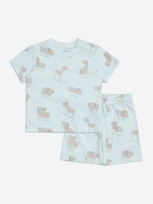 HOP Baby White Animal Printed Cotton T-Shirt with Shorts Set