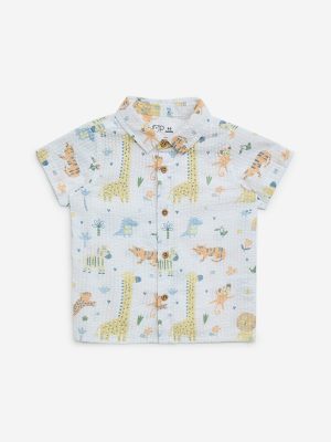 HOP Baby White Animal Printed Cotton Shirt