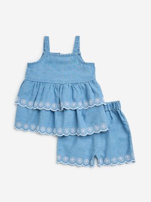 HOP Baby Blue Floral Embroidered Denim Top with Shorts Set