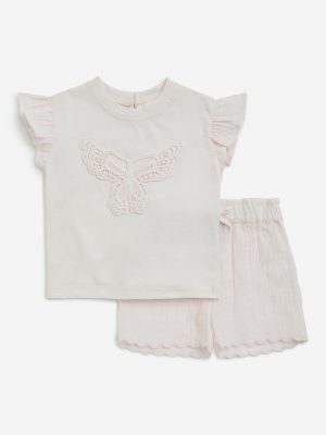 HOP Baby Pink Embroidered Cotton Top and Shorts Set