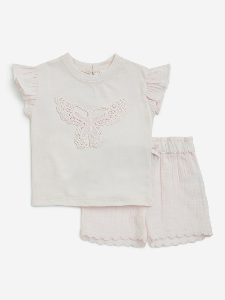 HOP Baby Pink Embroidered Cotton Top and Shorts Set