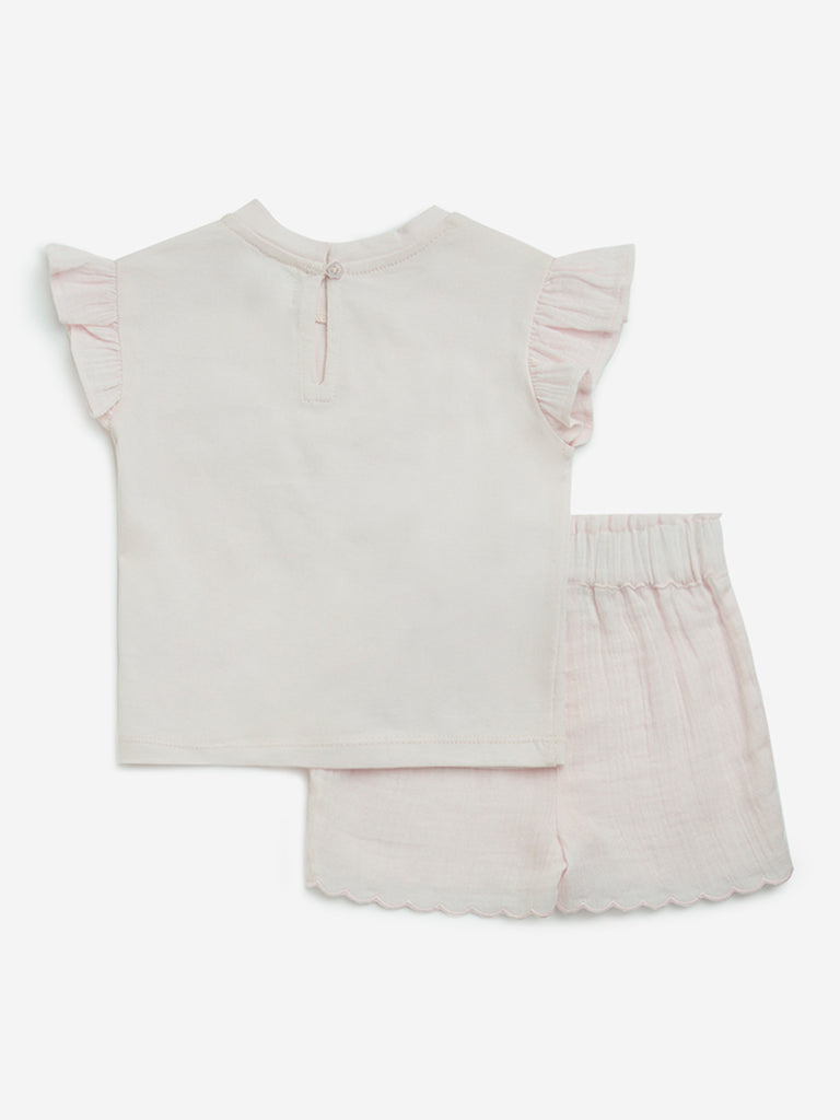HOP Baby Pink Embroidered Cotton Top and Shorts Set - Image 2