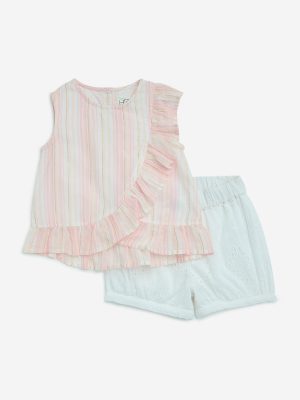HOP Baby Pink Striped Cotton-Blend Top and Shorts Set