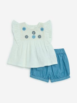 HOP Baby White Floral Embroidered Cotton Top and Shorts Set