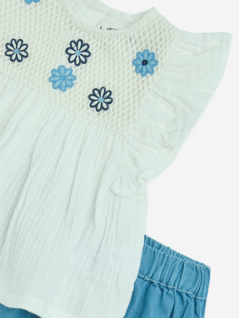 HOP Baby White Floral Embroidered Cotton Top and Shorts Set - Image 3