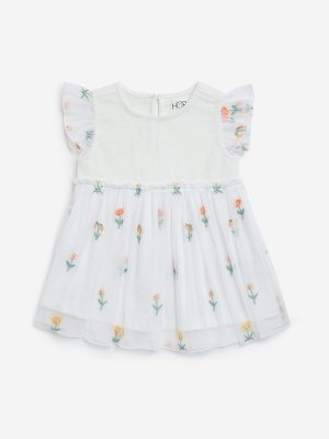 HOP Baby White Floral Embroidered A-Line Dress