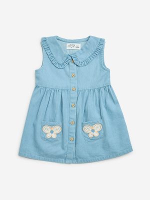 HOP Baby Blue Embroidered Denim A-Line Dress