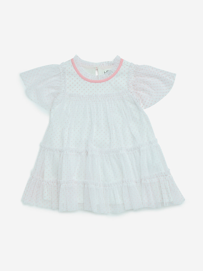 HOP Baby White Polka Dotted Tiered Dress