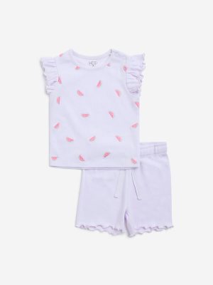 HOP Baby Lilac Printed Cotton Top with Shorts Set