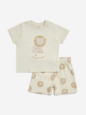 HOP Baby Beige Animal Printed Cotton T-Shirt and Shorts Set