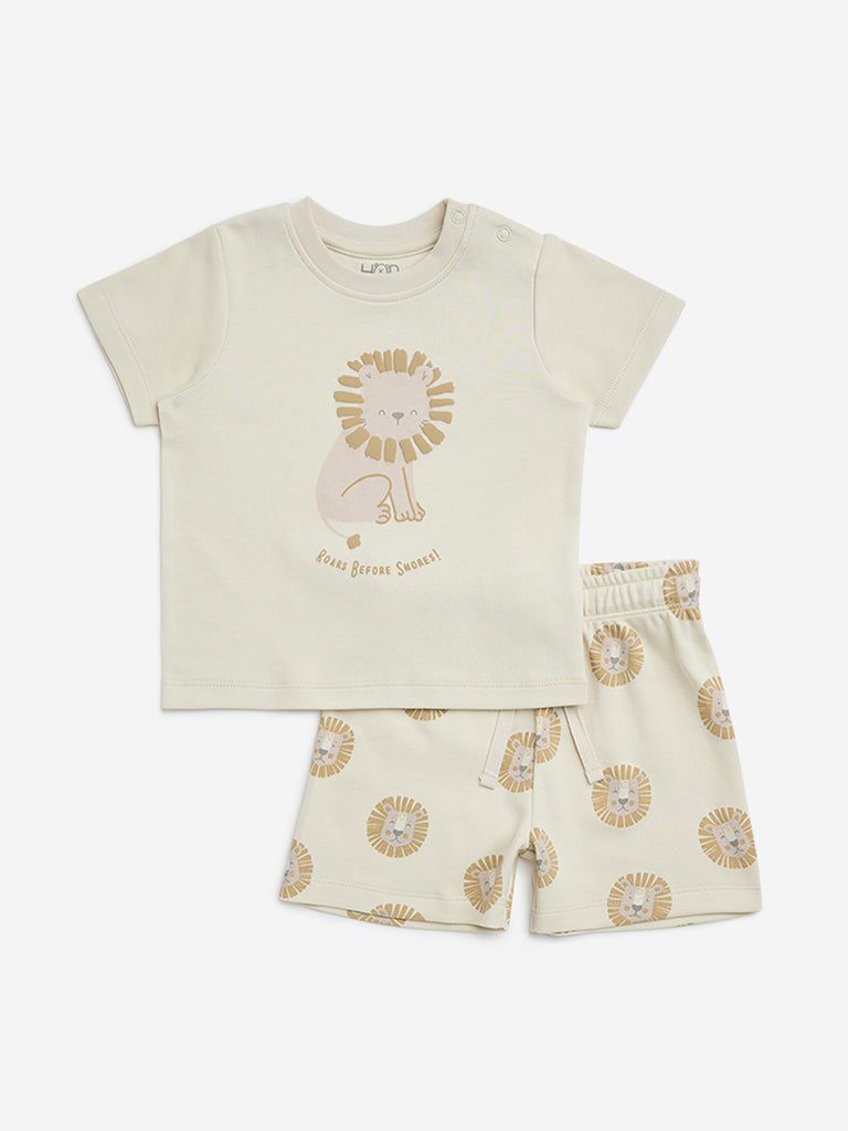 HOP Baby Beige Animal Printed Cotton T-Shirt and Shorts Set