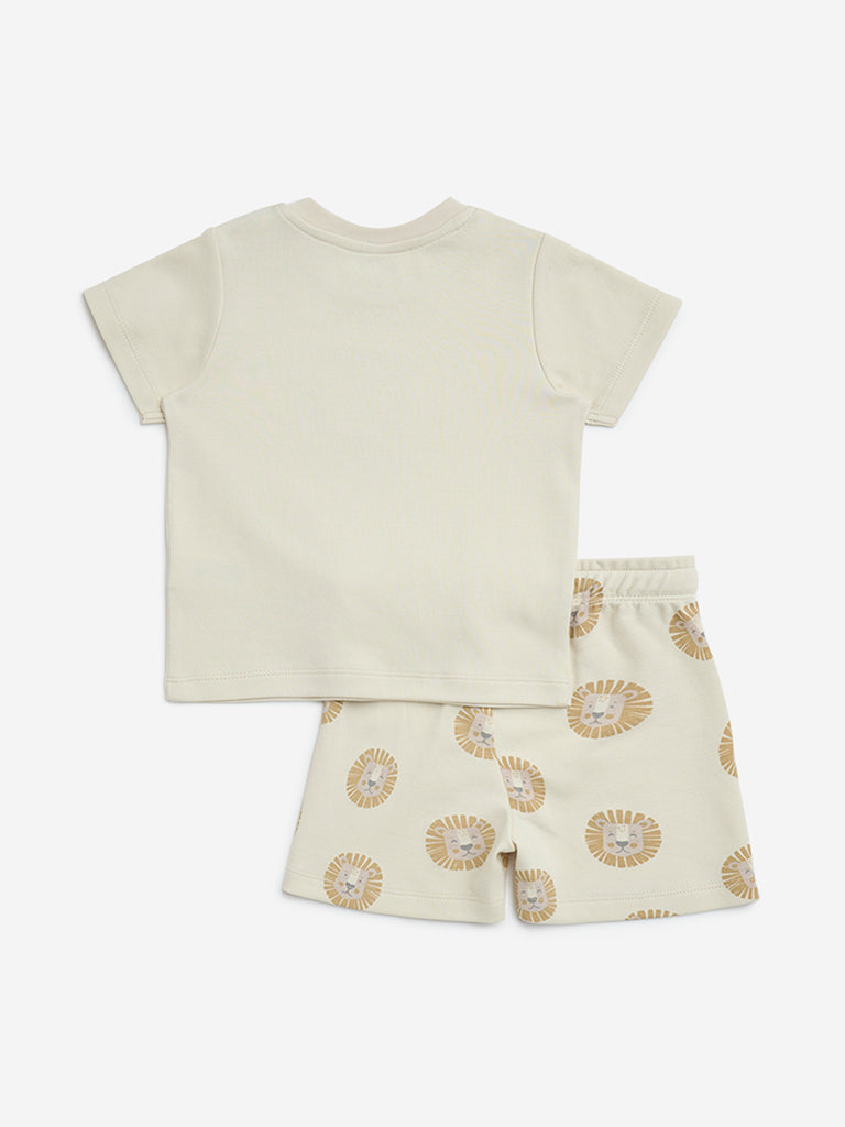HOP Baby Beige Animal Printed Cotton T-Shirt and Shorts Set - Image 2