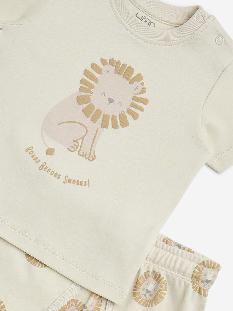 HOP Baby Beige Animal Printed Cotton T-Shirt and Shorts Set - Image 3