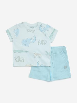 HOP Baby Blue Animal Printed Cotton T-Shirt with Shorts Set