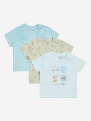 HOP Baby Blue Animal Printed Cotton T-Shirts - Pack of 3