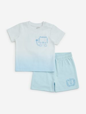 HOP Baby Blue Printed Cotton T-Shirt and Shorts