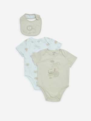 HOP Baby Light Taupe Cotton Rompers with Bib - Pack of 2