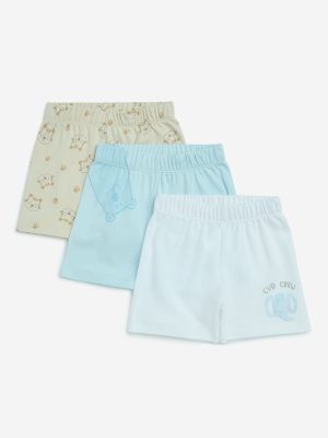 HOP Baby Blue Animal Printed Cotton Shorts - Pack of 3