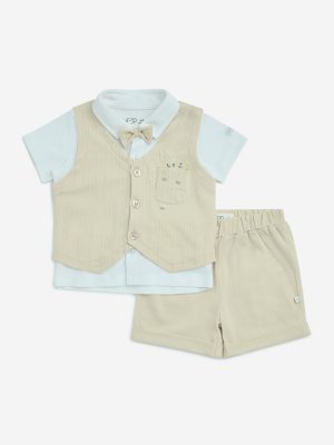 HOP Baby Light Beige Cotton Waistcoat. Shirt. Shorts & Bow