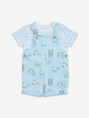 HOP Baby Blue Animal Printed Cotton T-Shirt with Dungaree Set