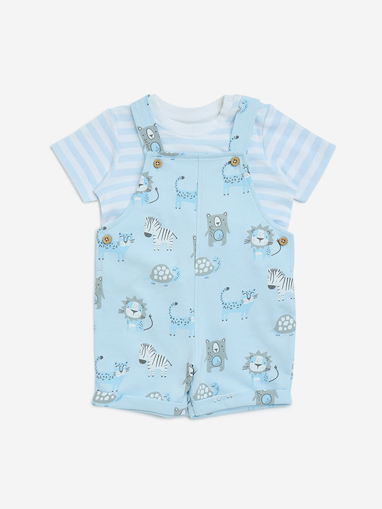 HOP Baby Blue Animal Printed Cotton T-Shirt with Dungaree Set