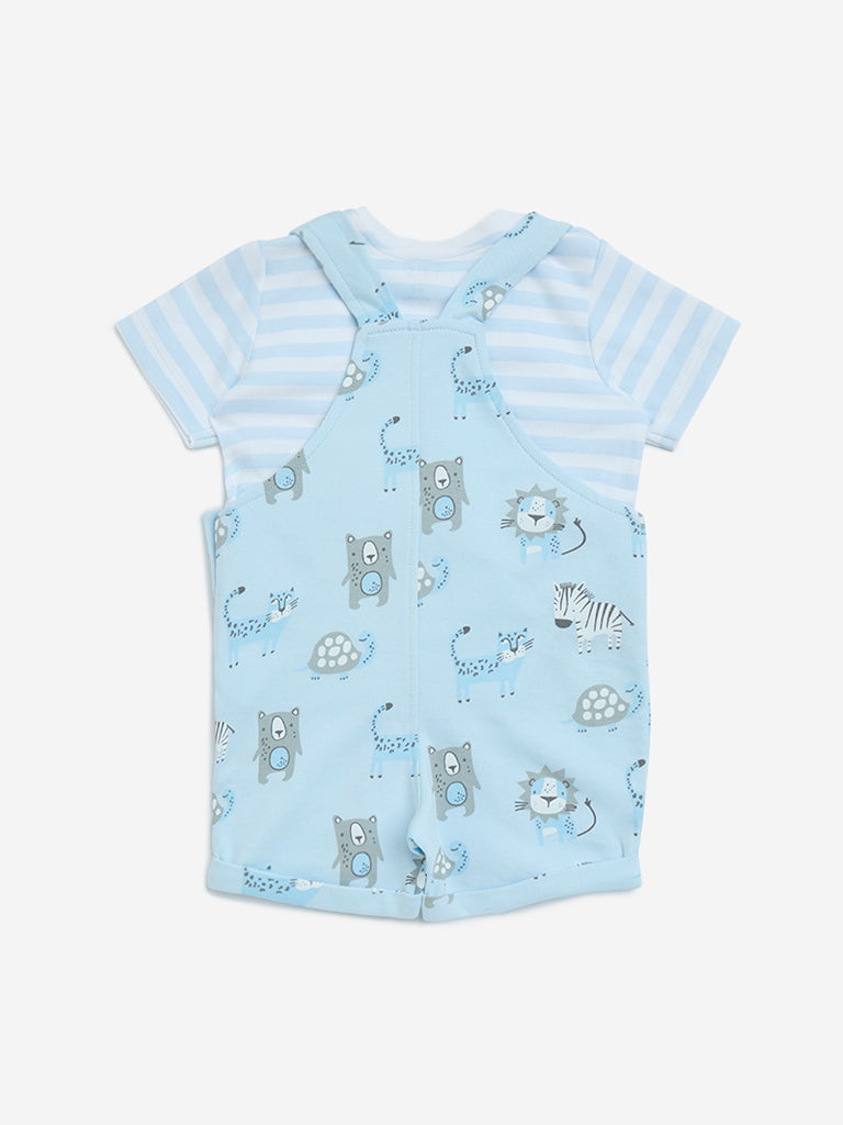 HOP Baby Blue Animal Printed Cotton T-Shirt with Dungaree Set - Image 2