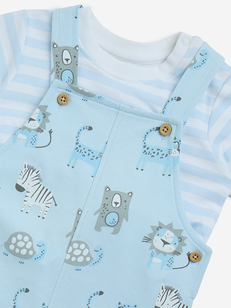 HOP Baby Blue Animal Printed Cotton T-Shirt with Dungaree Set - Image 3