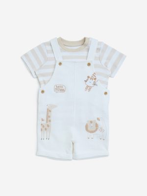 HOP Baby White Animal Printed Cotton T-Shirt and Dungaree
