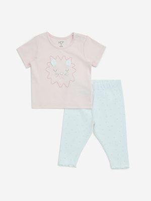 HOP Baby Pink Printed Cotton T-Shirt and Pants Set