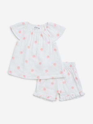 HOP Baby White Floral Design Cotton Top with Shorts Set