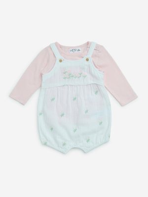 HOP Baby White Embroidered Cotton Dungaree with T-Shirt Set